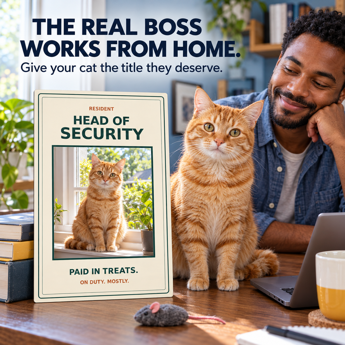 Orange tabby cat and owner in a home office with a personalized Head of Security metal sign; illustrative lifestyle mockup.