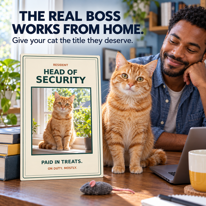 Orange tabby cat and owner in a home office with a personalized Head of Security metal sign; illustrative lifestyle mockup.