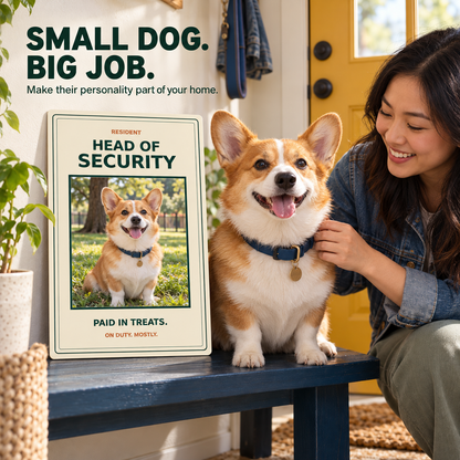 Corgi and owner in a colorful entryway beside a personalized Head of Security metal sign; illustrative lifestyle mockup.