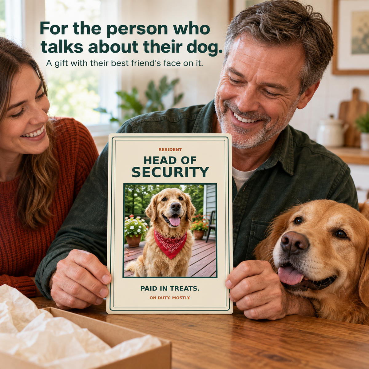 Father receiving a golden retriever photo metal sign from his daughter with their dog beside him; illustrative lifestyle mockup.