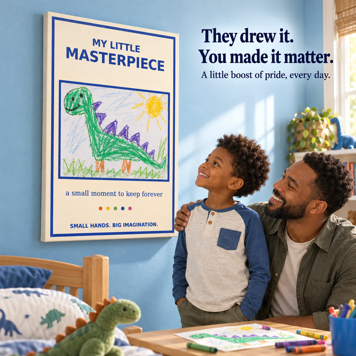 Father and son celebrating a dinosaur drawing displayed on a My Little Masterpiece canvas; illustrative lifestyle mockup.
