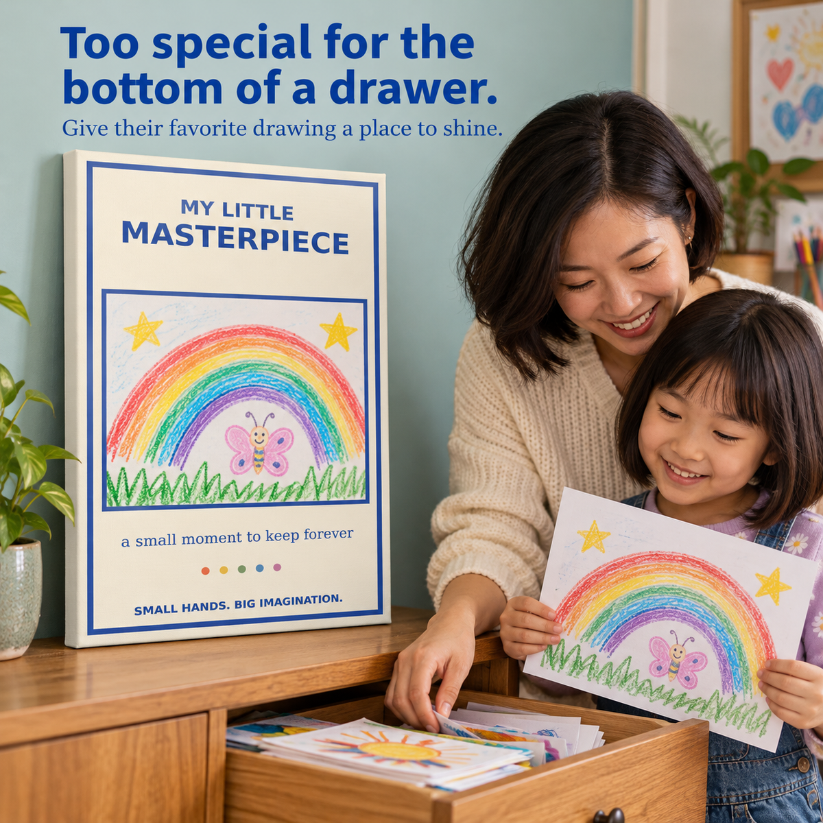 Mother and daughter displaying a rainbow drawing canvas beside a drawer of children's artwork; illustrative lifestyle mockup.