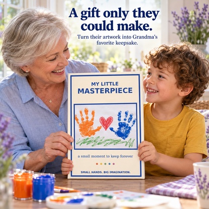 Grandmother and grandson holding a My Little Masterpiece canvas with painted handprint artwork; illustrative lifestyle mockup.