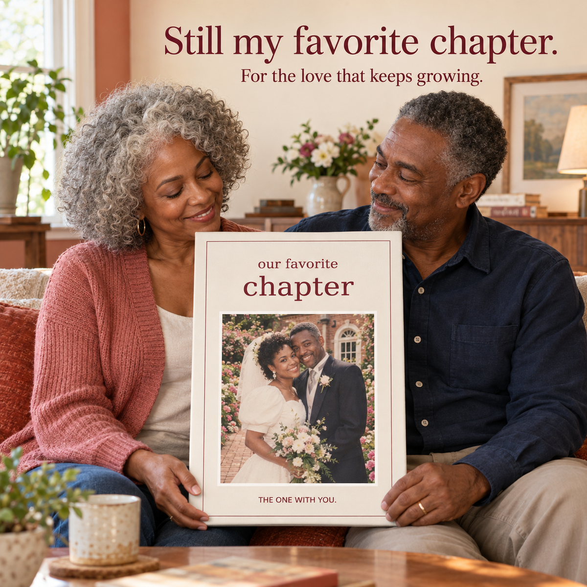 Older couple holding an Our Favorite Chapter canvas featuring their wedding photograph; illustrative lifestyle mockup.
