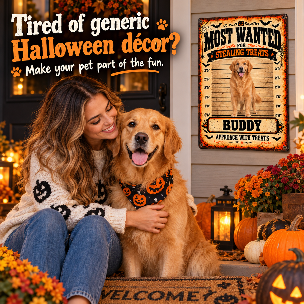 BUDDY personalized Halloween wanted sign with dog on front porch