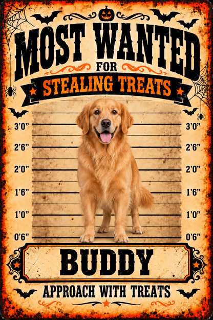 Flat printed Halloween MOST WANTED metal sign example BUDDY