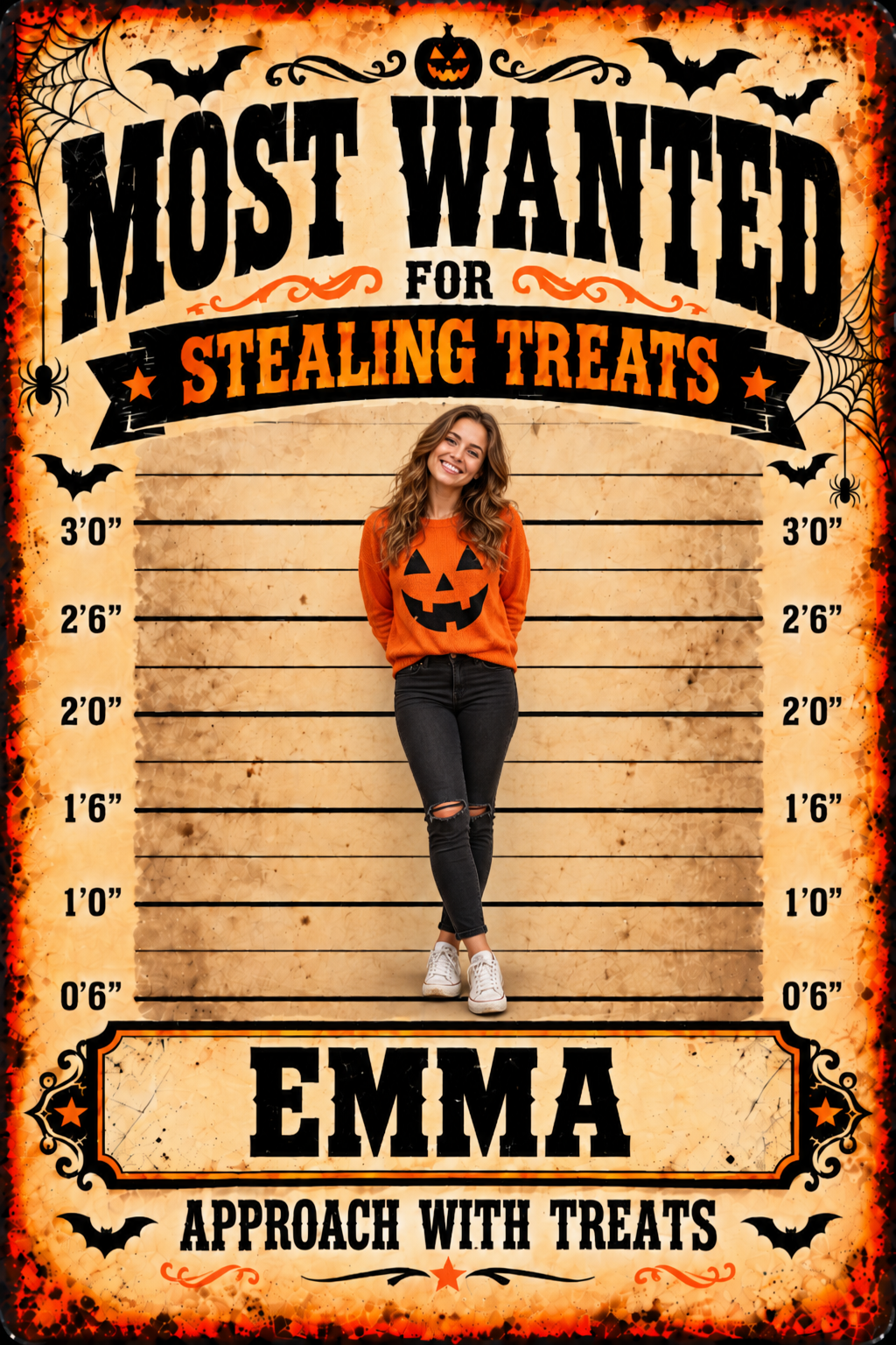 Flat printed Halloween MOST WANTED sign example EMMA
