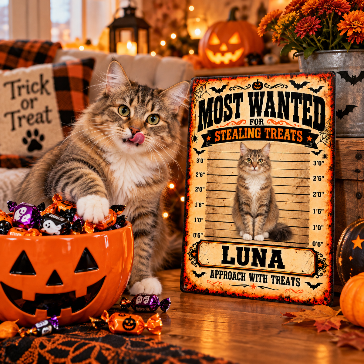 Halloween MOST WANTED custom cat photo sign LUNA in cozy indoor scene