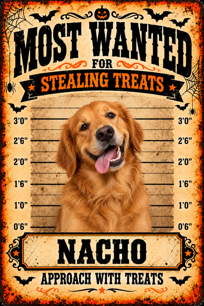 Funny dog NACHO Halloween MOST WANTED metal sign example
