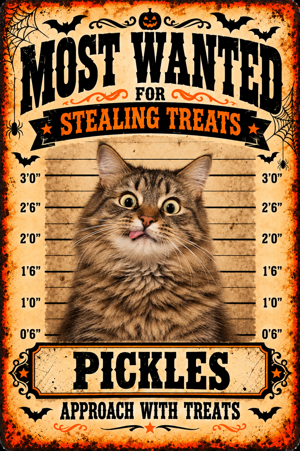 Funny cat PICKLES Halloween MOST WANTED metal sign example