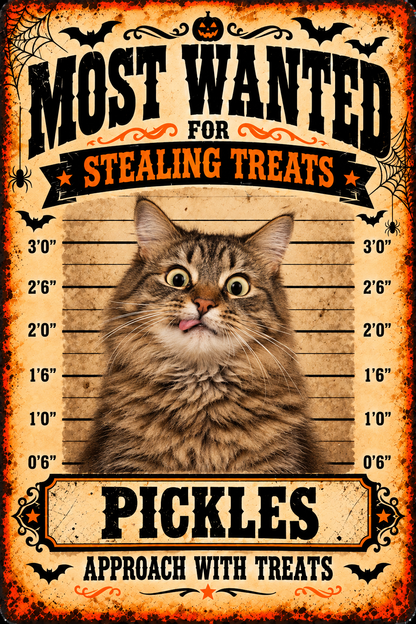 Funny cat PICKLES Halloween MOST WANTED metal sign example