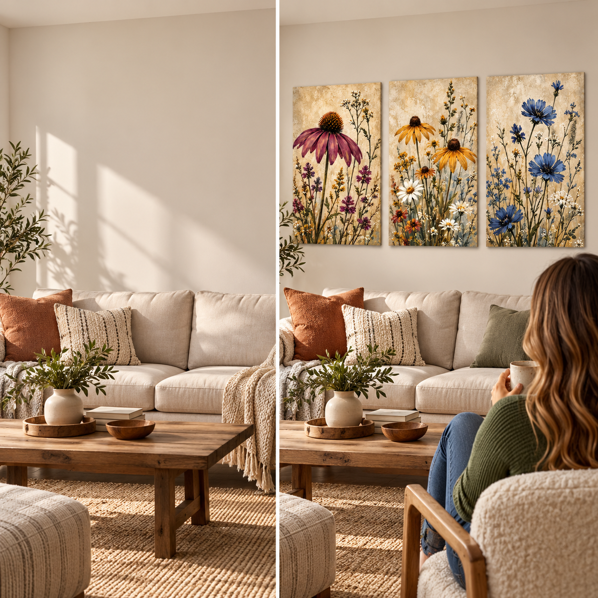 Same living room before and after displaying three wildflower canvases
