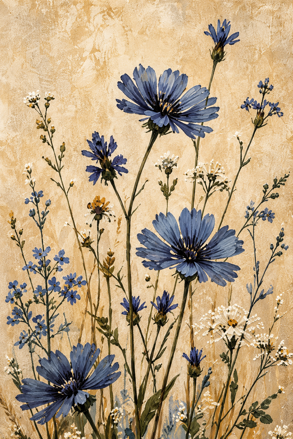 Blue wildflower original artwork, third canvas in the set