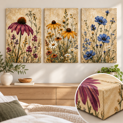 Gallery-wrapped canvas texture and three floral prints in a bedroom