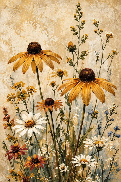 Golden wildflower original artwork, middle canvas in the set