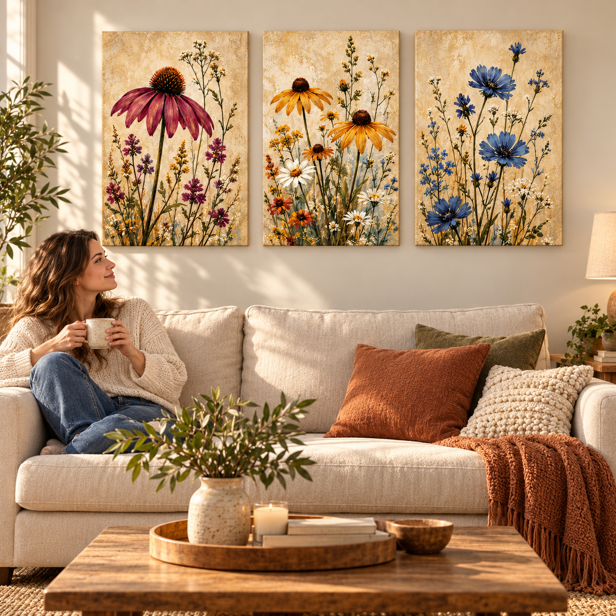 Woman at home with three 16×24-inch wildflower canvas prints above a sofa