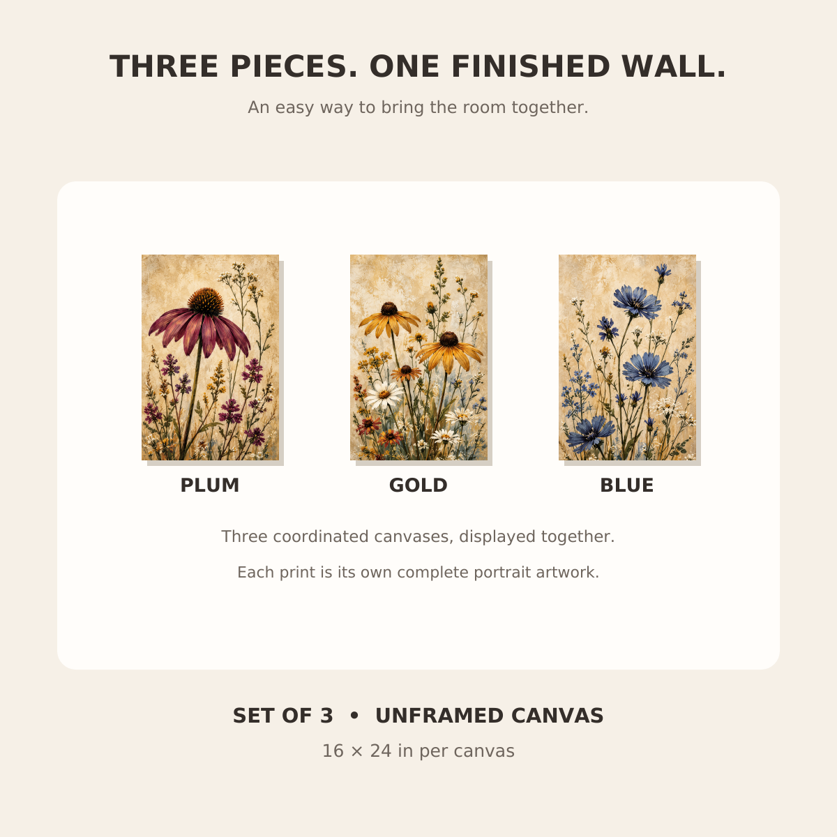 Three distinct wildflower artworks included in the canvas wall art set