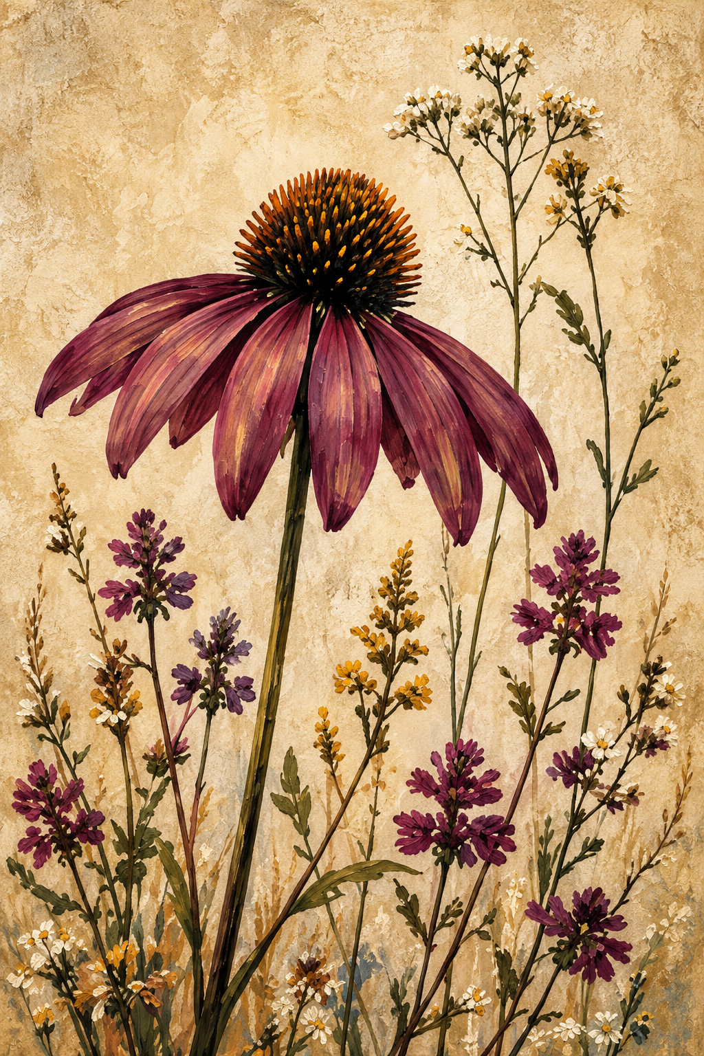 Plum coneflower original artwork, first canvas in the set