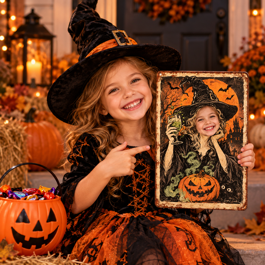 Kid showing funny custom face vintage witch Halloween metal sign