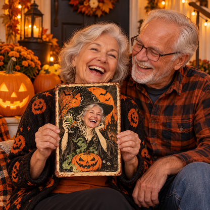 Grandparents share personalized witch face metal sign for Halloween