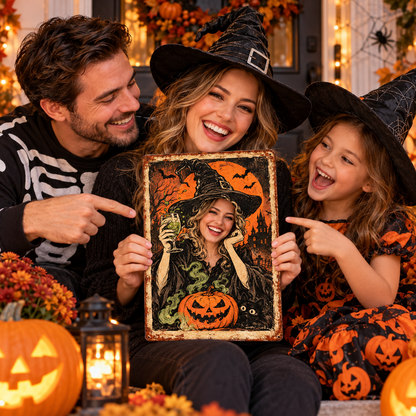 Family enjoying a custom face Halloween witch sign
