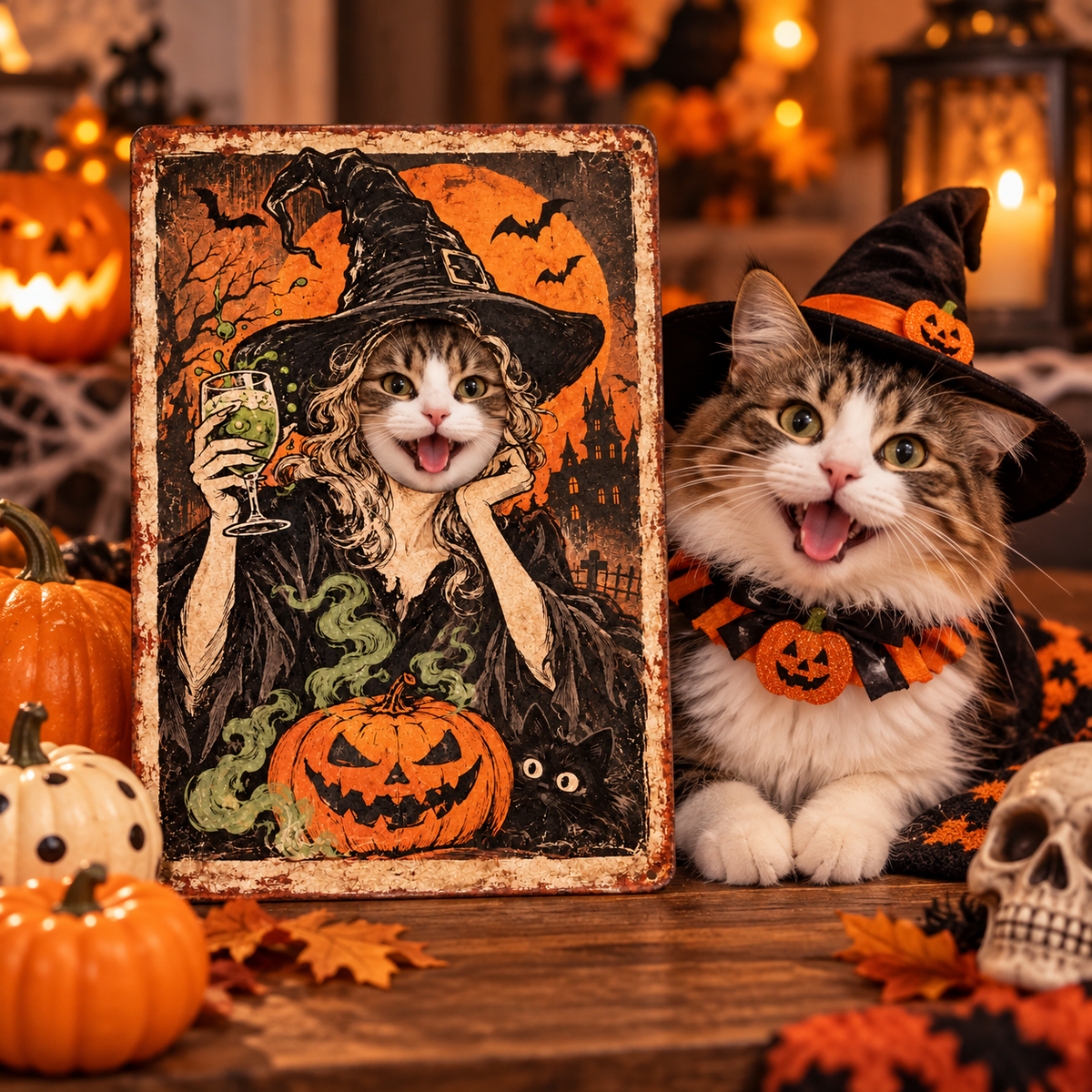 Cute tabby cat with matching funny witch face photo metal sign