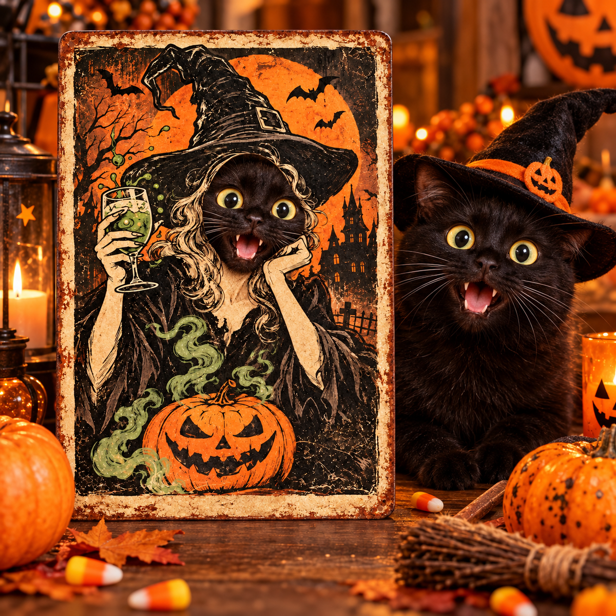 Black cat with personalized witch face sign on Halloween tabletop