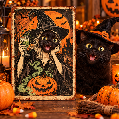 Black cat with personalized witch face sign on Halloween tabletop