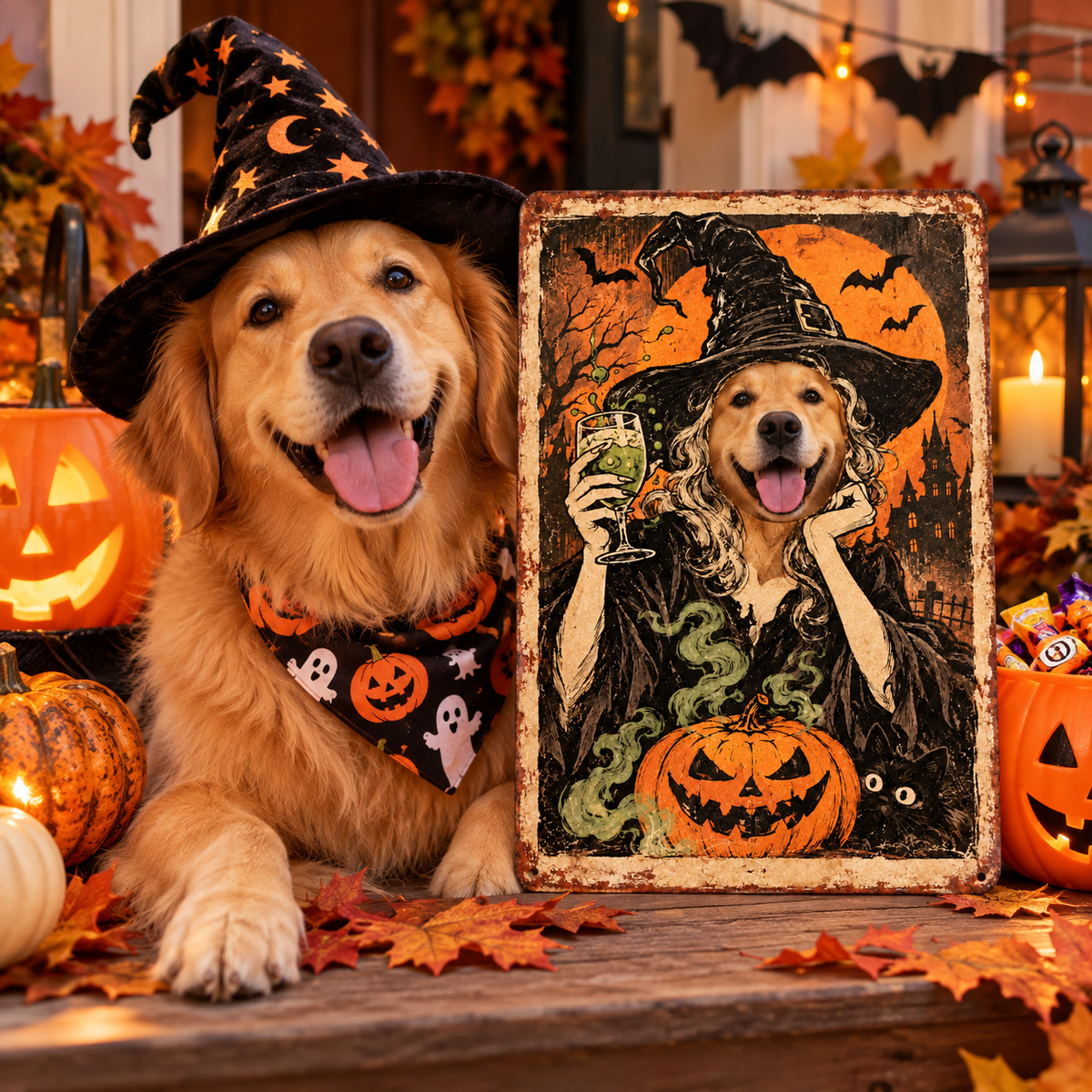 Golden retriever with personalized Halloween witch face metal sign