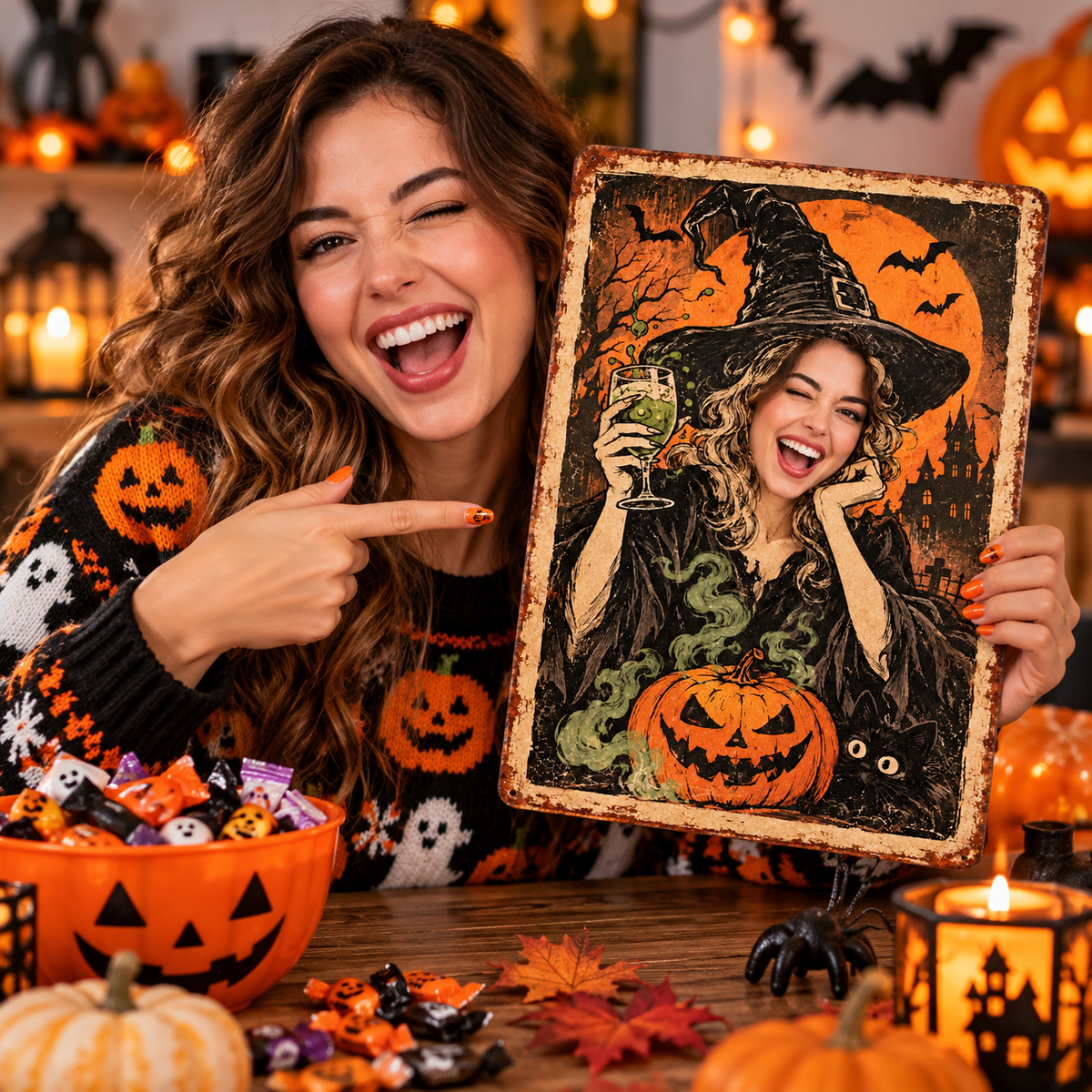 Woman with her own face on custom Halloween vintage witch sign