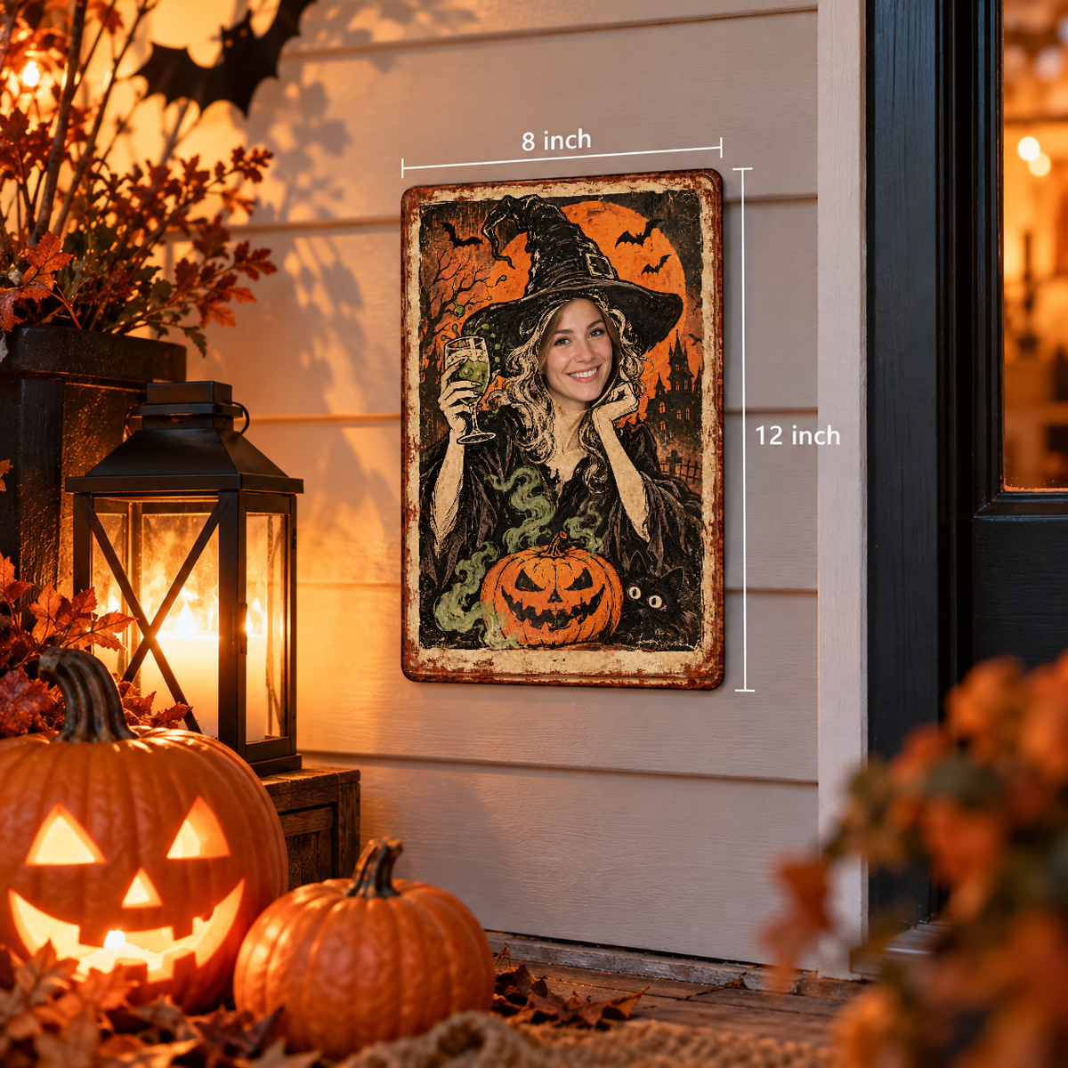 8x12 inch personalized witch sign shown in autumn porch size scene