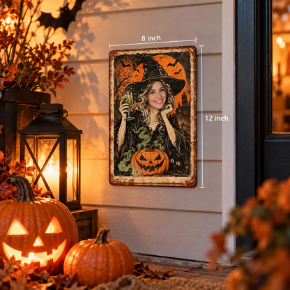 8x12 inch personalized witch sign shown in autumn porch size scene