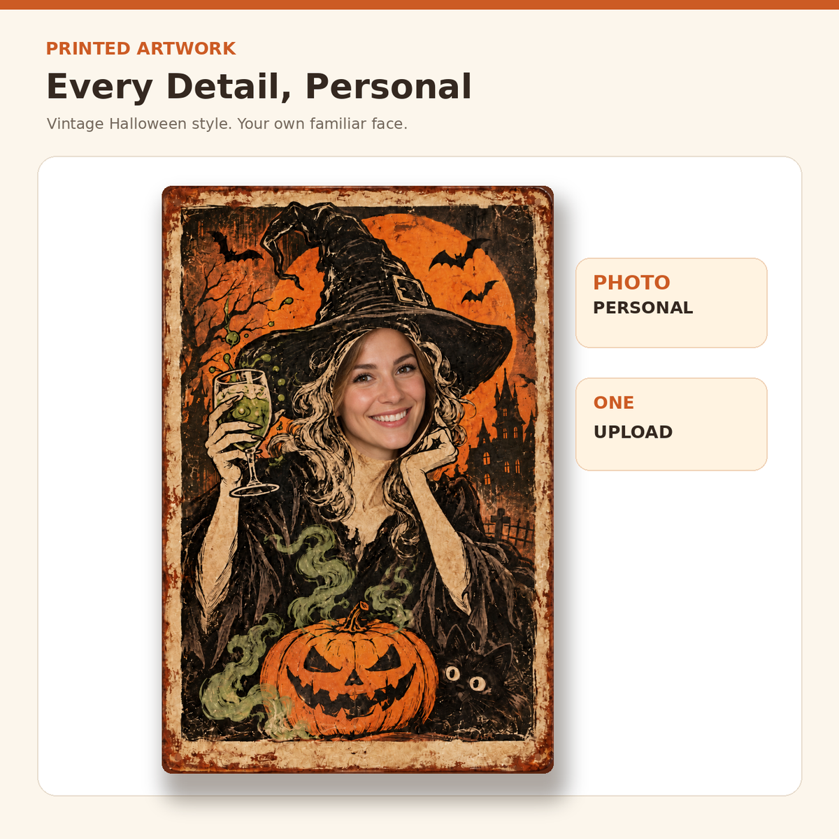 Closeup of printed witch face personalized Halloween metal sign