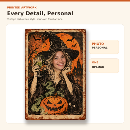 Closeup of printed witch face personalized Halloween metal sign