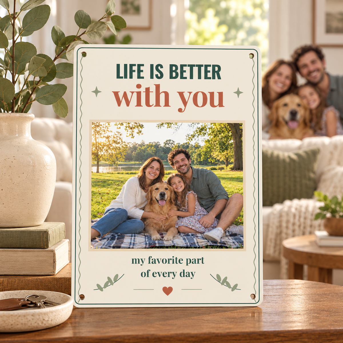 Life Is Better With You custom family photo metal sign in a warm American living room, with a natural beige photo mat