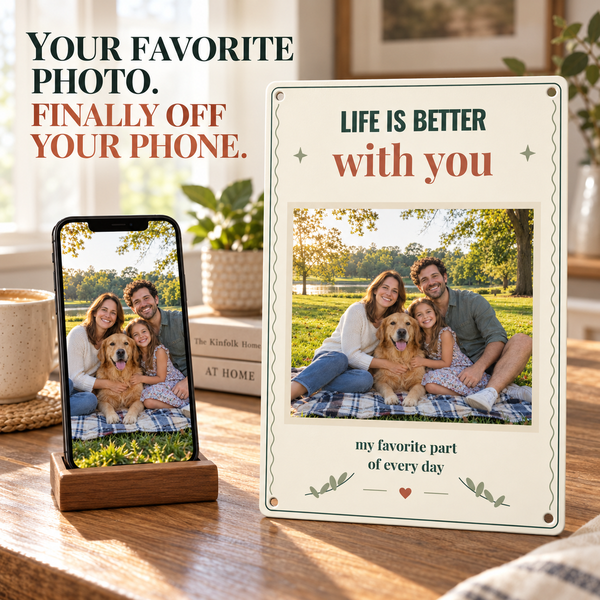 Family photo moved from phone to a personalized 8 by 12 inch metal sign with a soft beige photo mat