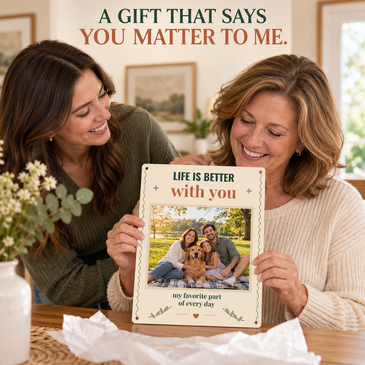 Mother and daughter receiving a custom family photo metal sign as a meaningful gift