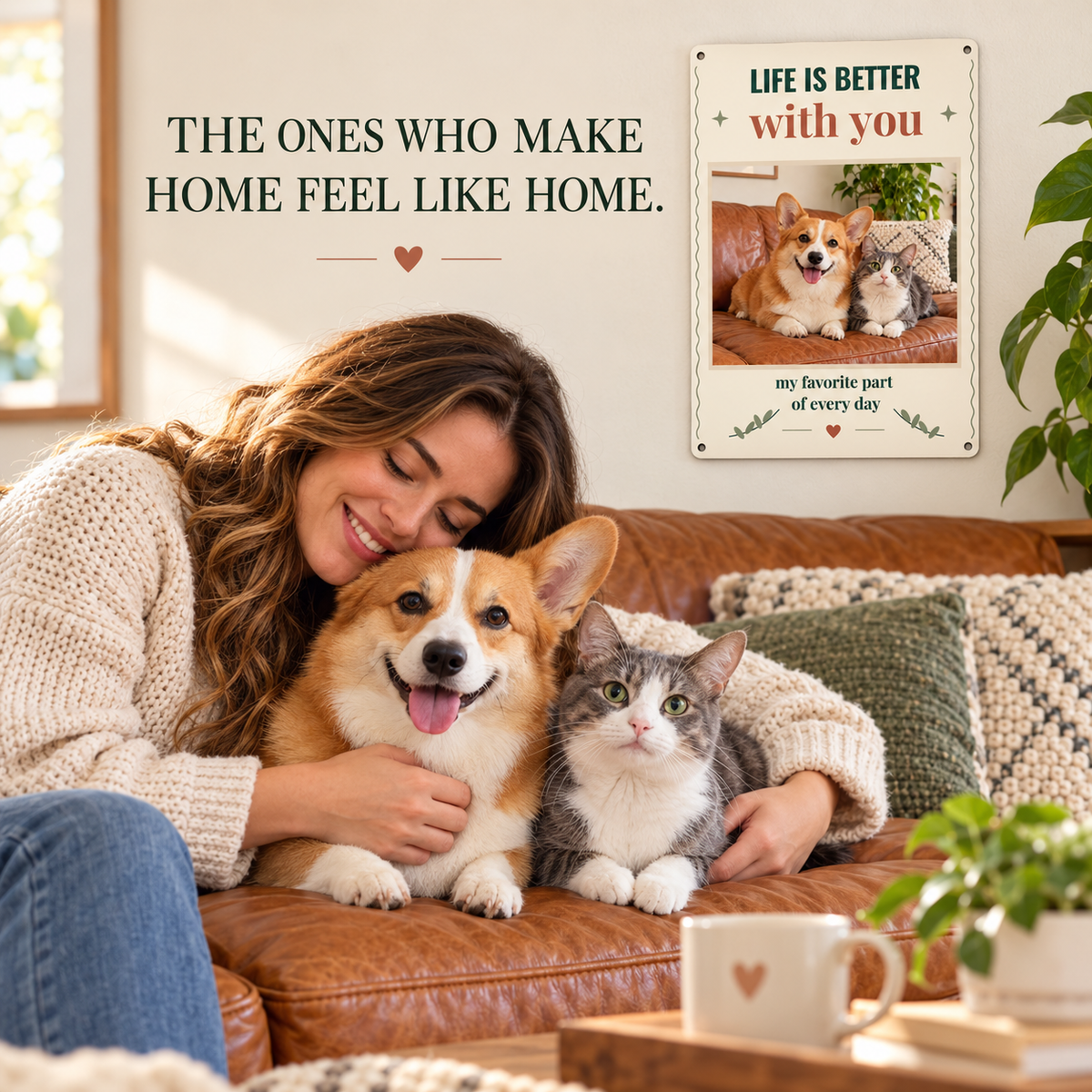 Owner, corgi and cat with a personalized pet photo metal sign at home