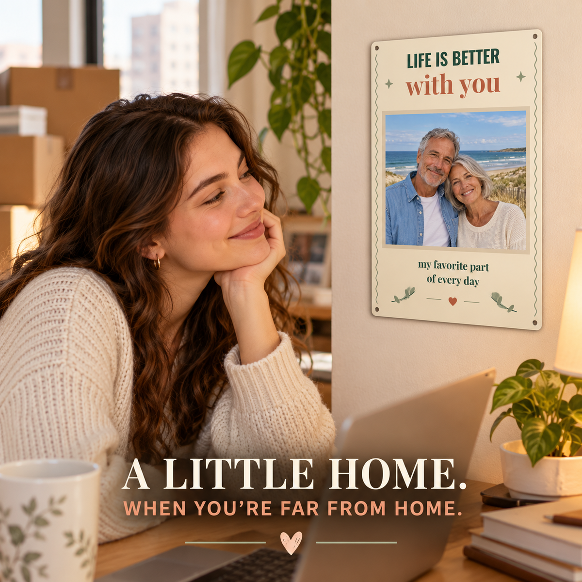 Young woman in her first apartment with a personalized parents photo metal sign