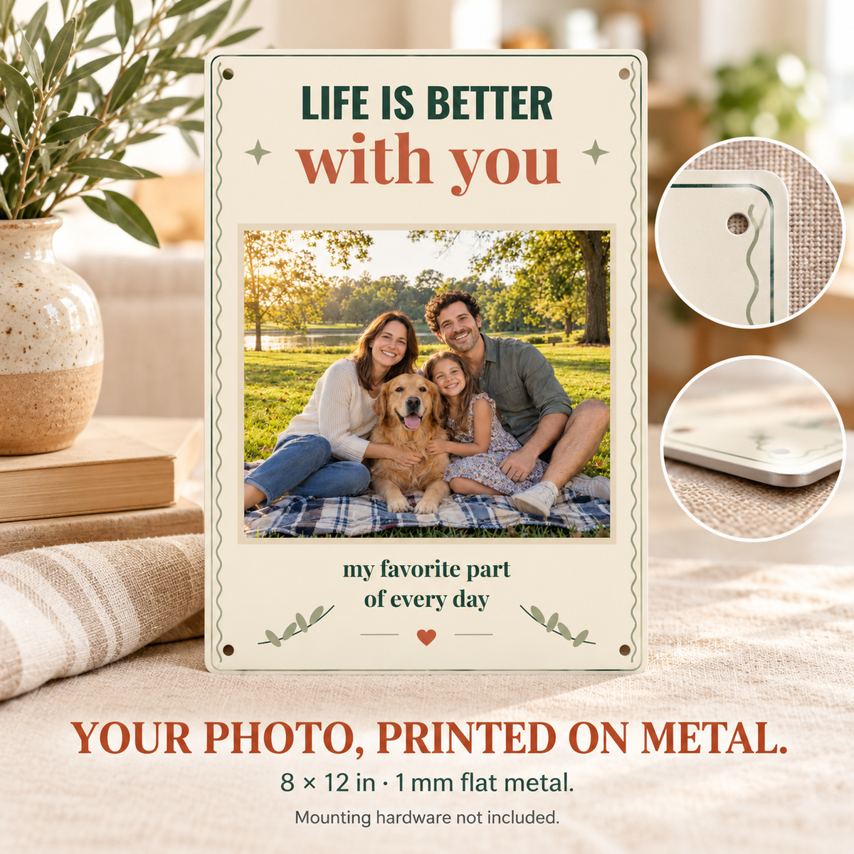 Close view of an 8 by 12 inch flat photo metal sign, mounting holes, and print detail