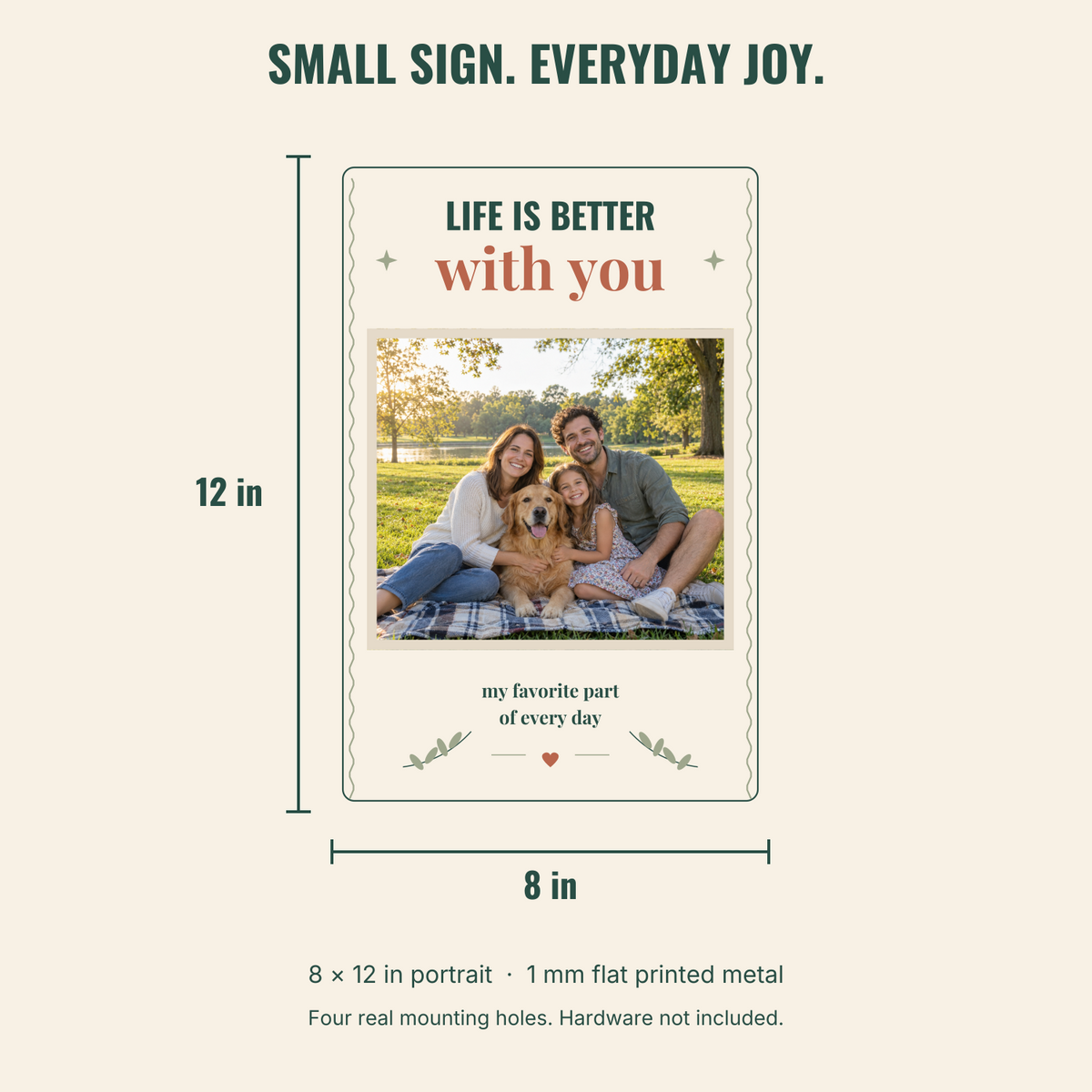 8 by 12 inch portrait custom photo metal sign size and 1 millimeter material diagram