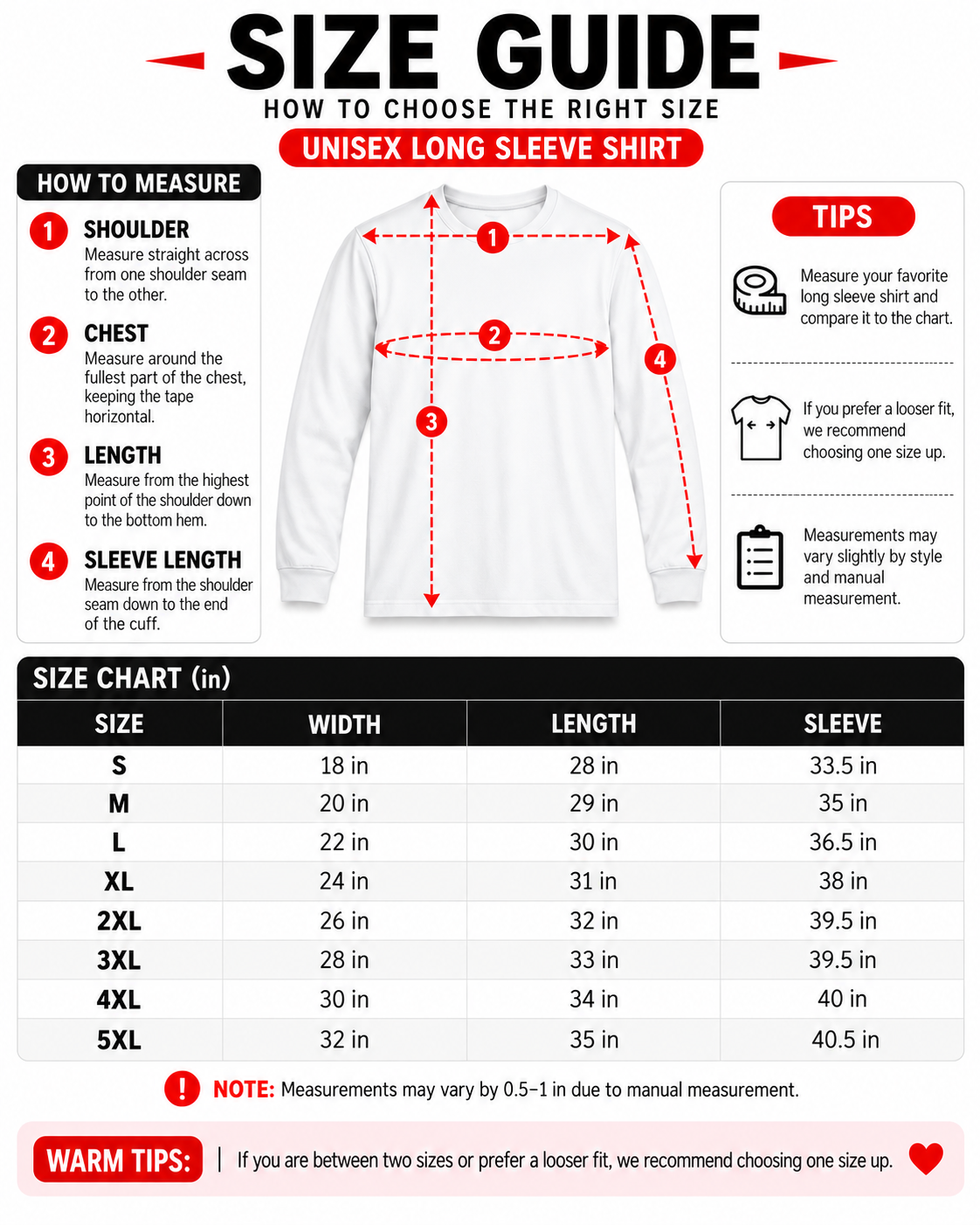 Walter White Jr Flynn long sleeve size chart using Podtas custom long sleeve sizing S to 3XL offered
