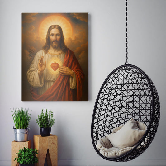 Sacred Heart of Jesus Christ canvas displayed in a Christian home