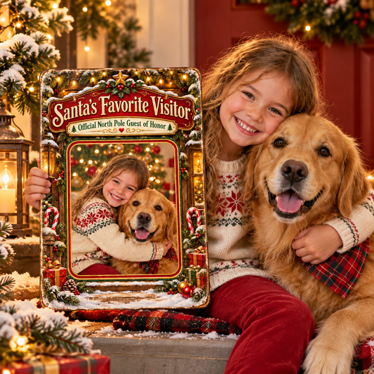 Santa's Favorite Visitor personalized Christmas metal sign with smiling child and golden retriever
