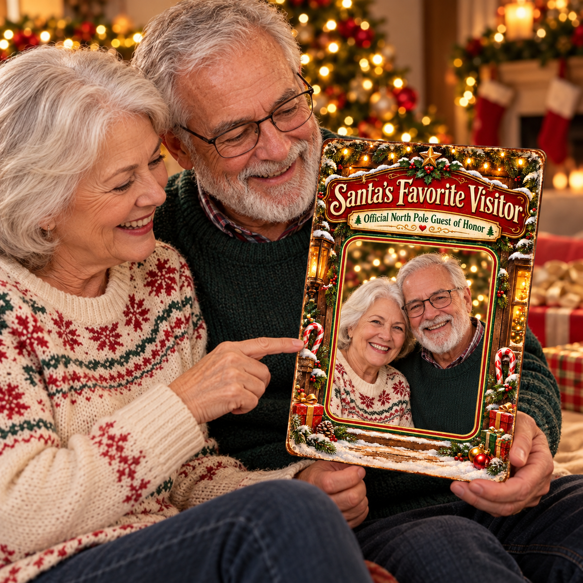 Grandparents holding custom Santa's Favorite Visitor Christmas photo sign, holiday gift