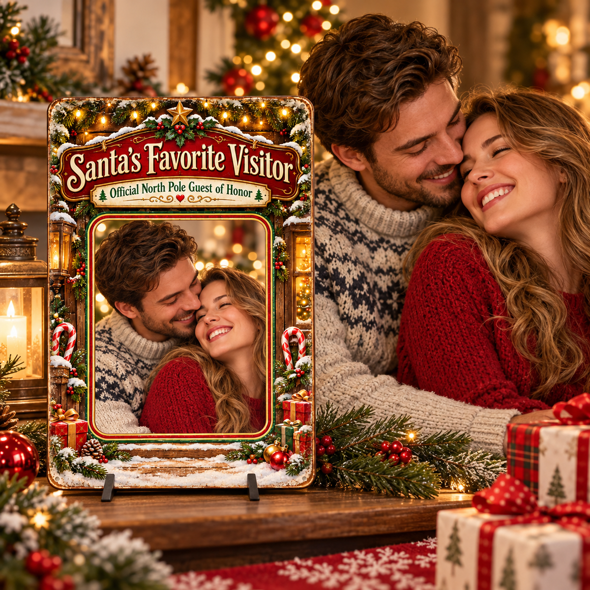 Couple posing beside personalized Santa's Favorite Visitor Christmas metal sign
