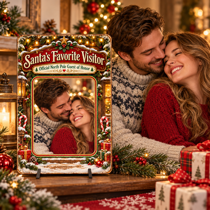 Couple posing beside personalized Santa's Favorite Visitor Christmas metal sign
