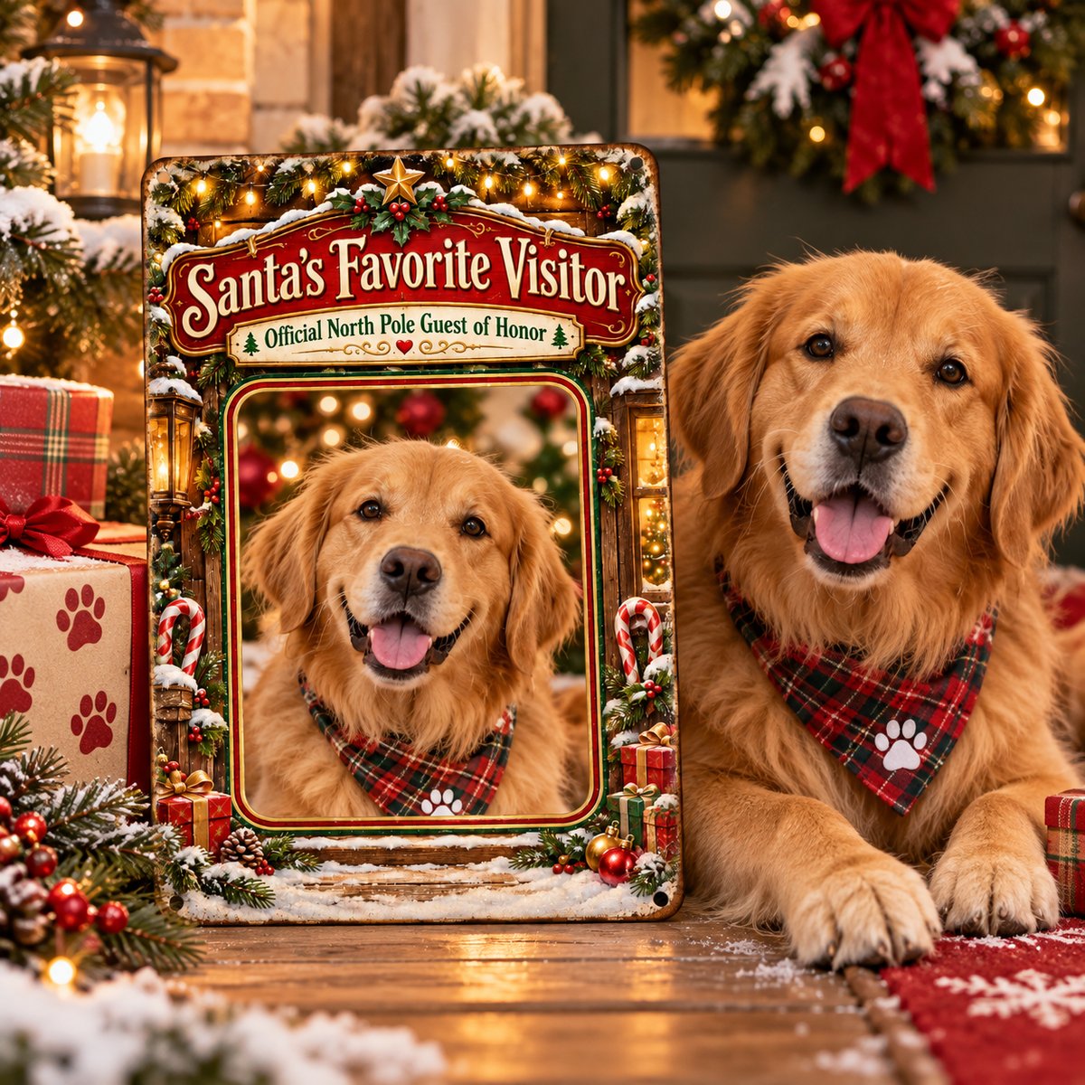 Golden retriever Christmas metal sign with original dog photo in Santa's Favorite Visitor frame