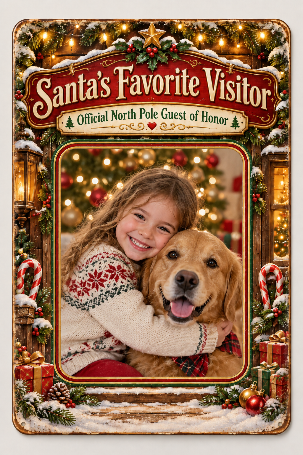 Original Santa's Favorite Visitor 8 by 12 inch portrait vintage design with girl and dog photo