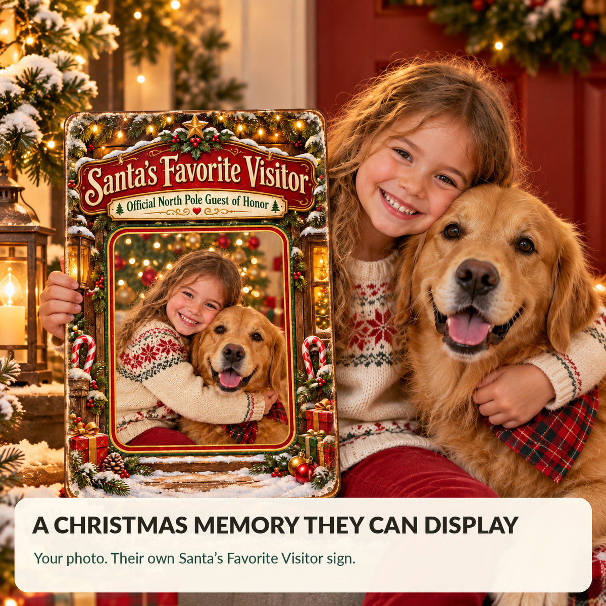 Christmas photo sign lifestyle display with child and dog, memory they can display